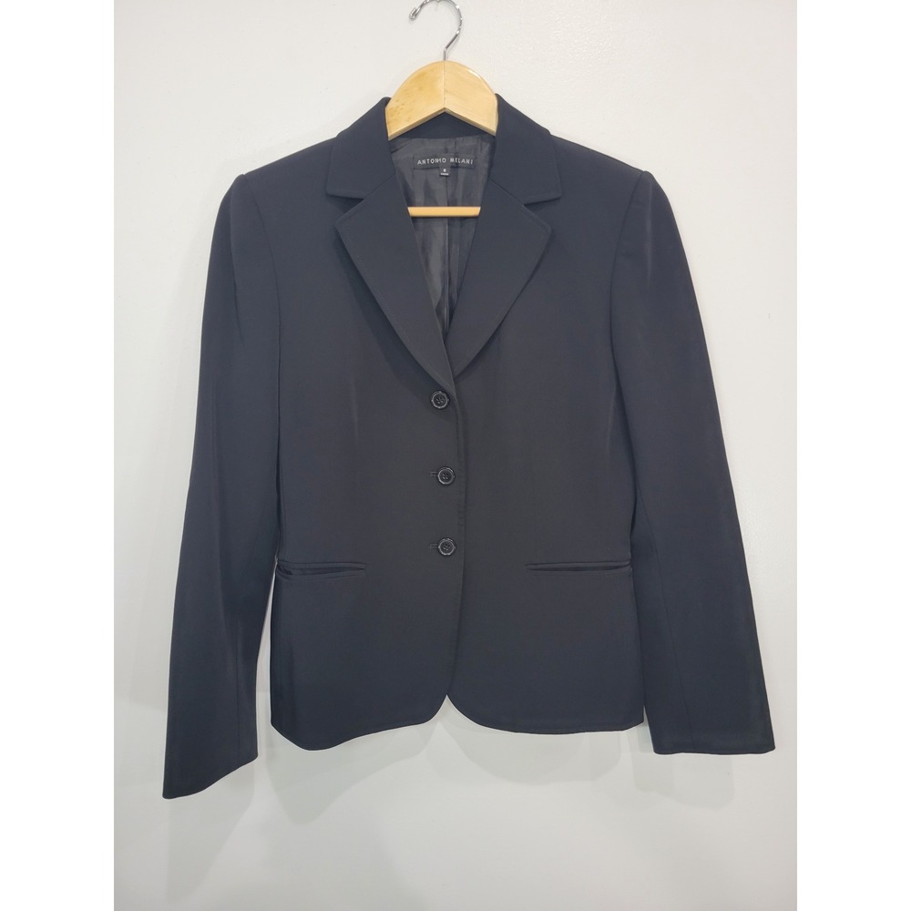 Antonio Melani Womens Black Blazer Structured Jacket 8 Three Button Lapel Collar